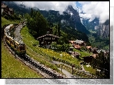 Domy, Kolej, Pociąg, Góry, Chmury, Lauterbrunnen, Szwajcaria