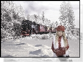 Zima, Śnieg, Pociąg, Lokomotywa parowa, Dziewczynka, Prezent