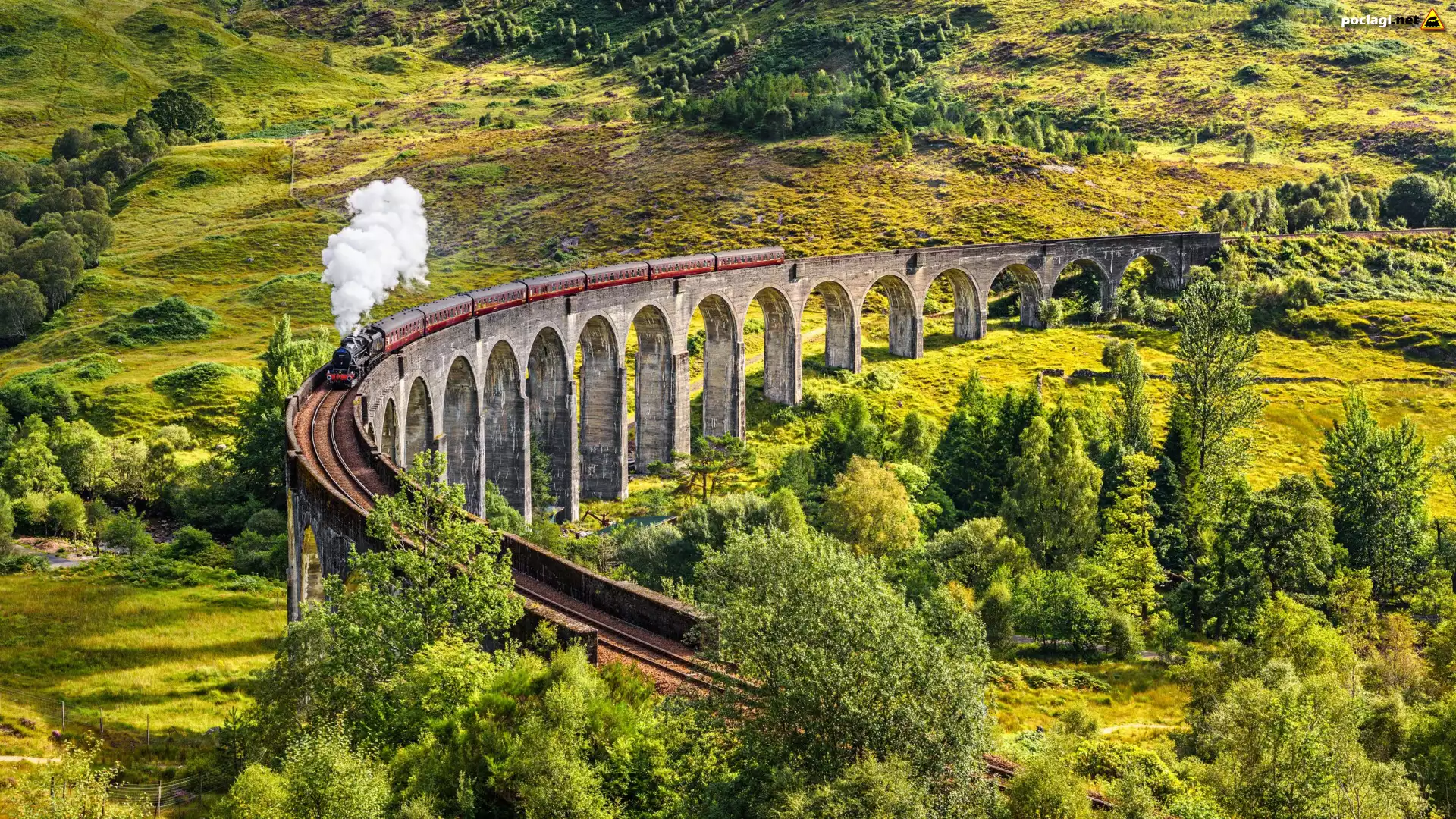 Szkocja, Miejscowość Glenfinnan, Dolina, Wiadukt Glenfinnan, Pociąg, Roślinność